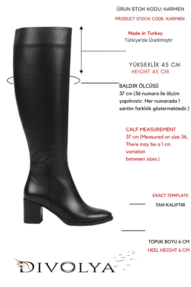 Karmen Siyah Deri (6 cm Topuklu) Yanı Fermuarlı Günlük Kullanım Çizme