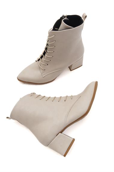 Katerina Bej Kalın Topuklu (5cm) Sivri Burun Bağcıklı Günlük Kadın Bot