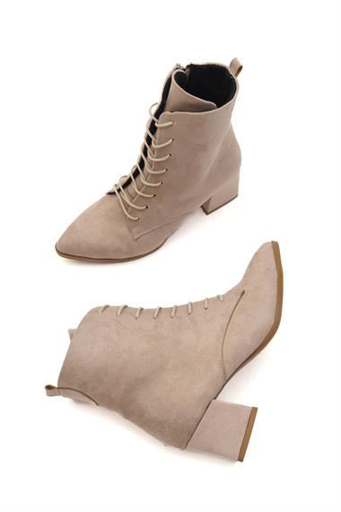 Katerina Bej Süet Kalın Topuklu (5cm) Sivri Burun Bağcıklı Günlük Kadın Bot
