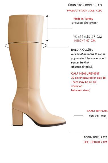 Kleo Nude Deri Topuklu (7cm) Yanı Fermuarlı Günlük Kullanım Çizme