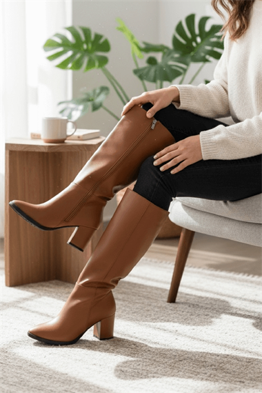 Kleo Taba Deri Topuklu (7cm) Yanı Fermuarlı Günlük Kullanım Çizme