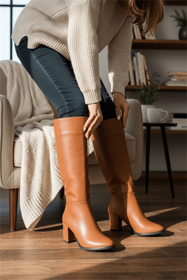 Kleo Taba Deri Topuklu (7cm) Yanı Fermuarlı Günlük Kullanım Çizme