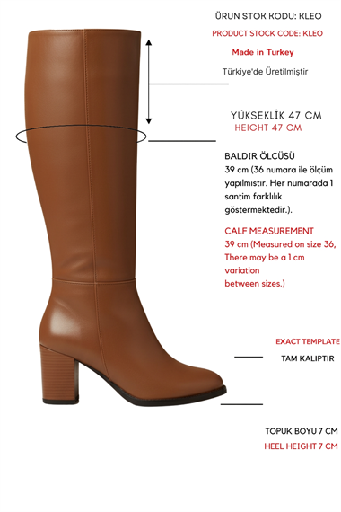 Kleo Taba Deri Topuklu (7cm) Yanı Fermuarlı Günlük Kullanım Çizme