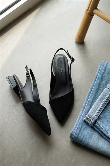 Lidya Siyah (3 cm) Sivri Burunlu Günlük Kullanım Topuklu Babet