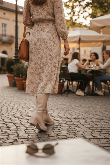 Lorida Bej Deri Topuklu (5 cm) Yanı Fermuarlı Günlük Kullanım Çizme