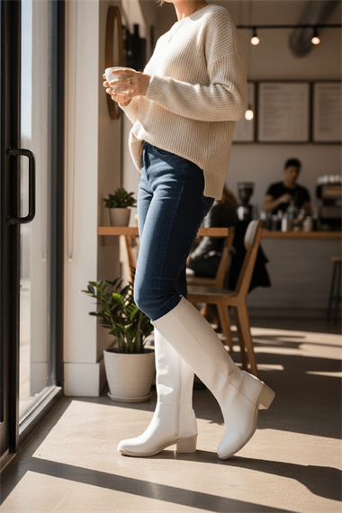 Lorida Beyaz Deri Topuklu (5 cm) Yanı Fermuarlı Günlük Kullanım Çizme