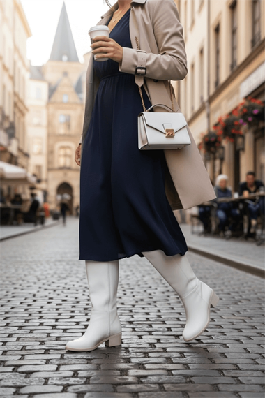 Lorida Beyaz Deri Topuklu (5 cm) Yanı Fermuarlı Günlük Kullanım Çizme