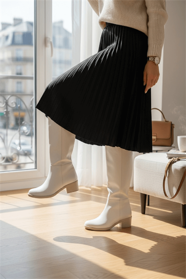 Lorida Beyaz Deri Topuklu (5 cm) Yanı Fermuarlı Günlük Kullanım Çizme