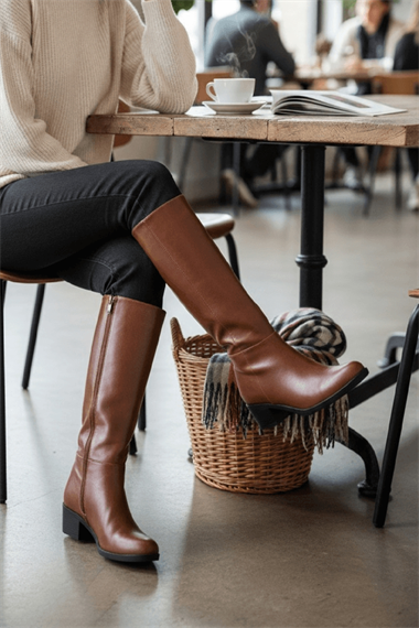 Lorida Taba Deri Topuklu (5 cm) Yanı Fermuarlı Günlük Kullanım Çizme