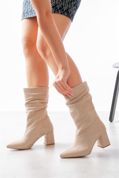 Madame Bej SÜet Büzgülü Sivri Buruni (8 cm Topuk Boyu) Günlük Kullanım Bot