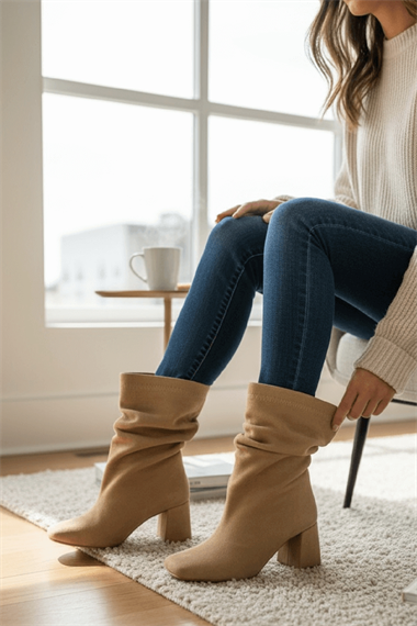 Madamore Bej Süet Büzgülü Küt Burun (8 cm Topuk Boyu) Günlük Kullanım Bot