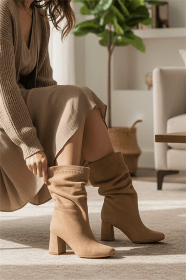 Madamore Bej Süet Büzgülü Küt Burun (8 cm Topuk Boyu) Günlük Kullanım Bot