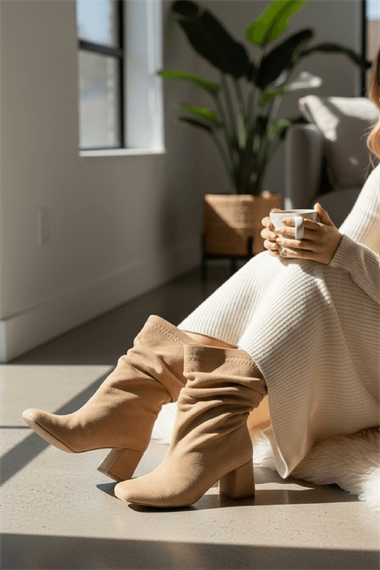 Madamore Bej Süet Büzgülü Küt Burun (8 cm Topuk Boyu) Günlük Kullanım Bot