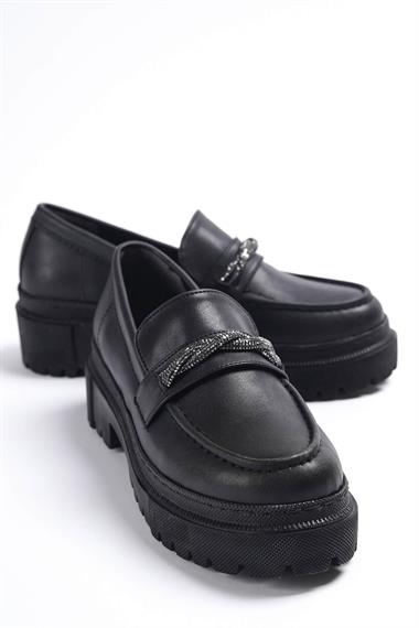 Midas Siyah Taş Örgülü Deri Günlük Kullanım Loafer Kadın Ayakkabı