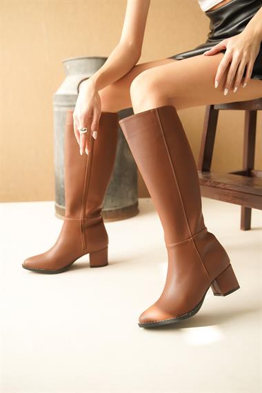 Mindy Taba Deri Topuklu (5 cm Topuklu ) Yanı Fermuarlı Günlük Kullanım Çizme