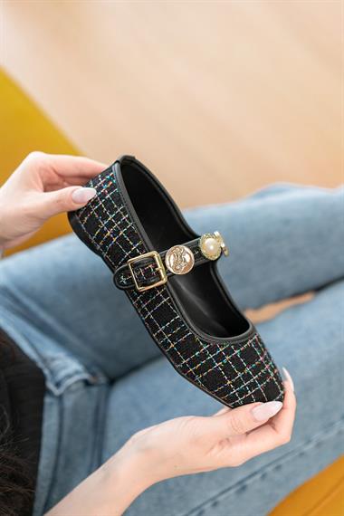 Myra Siyah Tüvit Kumaş Bareti Aksesuarlı ( 1 cm Topuklu ) Baretli Yuvarlık Burun Babet