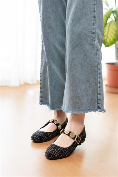 Myra Siyah Tüvit Kumaş Bareti Aksesuarlı ( 1 cm Topuklu ) Baretli Yuvarlık Burun Babet