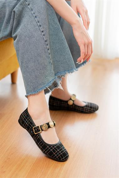 Myra Siyah Tüvit Kumaş Bareti Aksesuarlı ( 1 cm Topuklu ) Baretli Yuvarlık Burun Babet