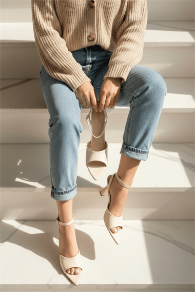 Perilla Bej Kırışık Rugan (8 cm) Sivri Burun Topuklu Ayakkabı