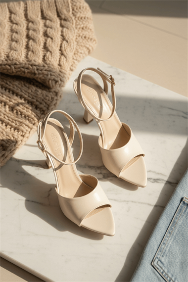 Perilla Bej Kırışık Rugan (8 cm) Sivri Burun Topuklu Ayakkabı