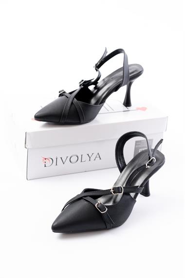 Pony Siyah ( 8 CM TOPUKLU ) Sivri Burun Kapalı Tokalı Arkası Açık Stiletto Ayakkabı