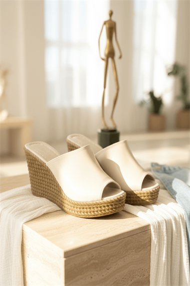 Rabeka Bej Dolgu Topuklu ( 10 cm Topuk. 3 cm Platform) Günlük Kullanım Terlik
