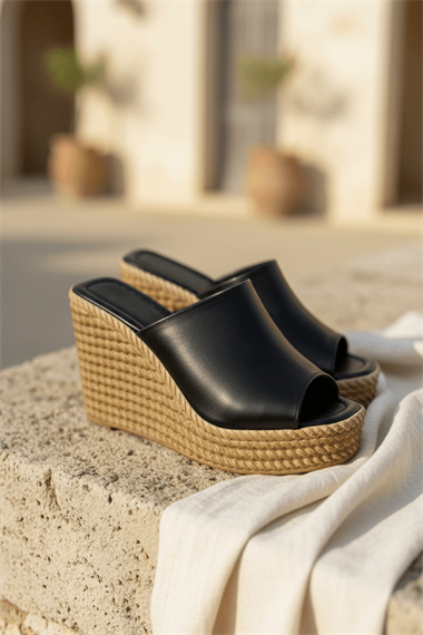 Rabeka Siyah Dolgu Topuklu ( 10 cm Topuk. 3 cm Platform) Günlük Kullanım Terlik