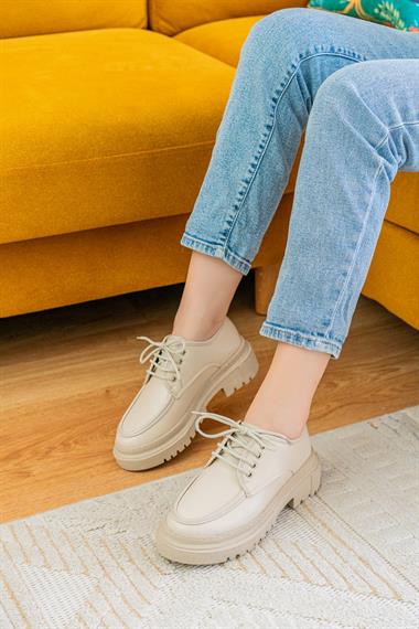 Retro Bej Günlük Kullanım Loafer Kadın Ayakkabı