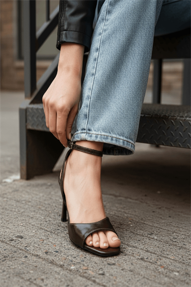 Sara Kahverengi Kırışık Bileği Sarma  (8 cm) Kare Burun Topuklu Ayakkabı