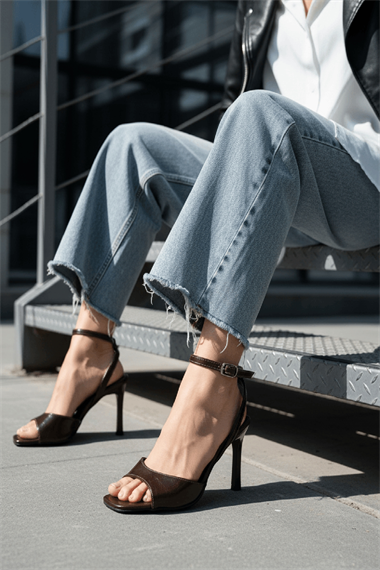 Sara Kahverengi Kırışık Bileği Sarma  (8 cm) Kare Burun Topuklu Ayakkabı