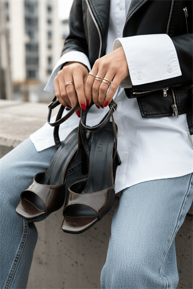 Sara Kahverengi Kırışık Bileği Sarma  (8 cm) Kare Burun Topuklu Ayakkabı