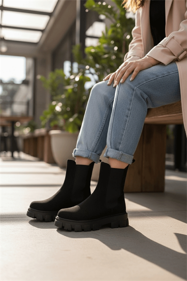 Senni Siyah Süet Yandan Lastikli Kalın Taban Günlük Bot