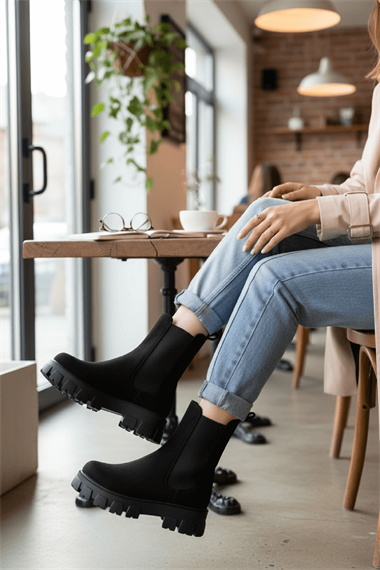 Senni Siyah Süet Yandan Lastikli Kalın Taban Günlük Bot