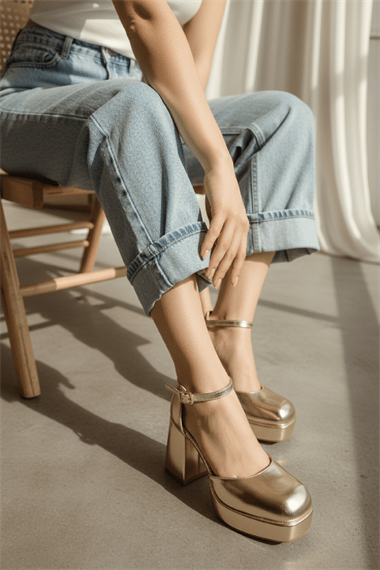 Serra Gold Platform ( 9 Cm Topuklu ) Günlük Topuklu Ayakkabı
