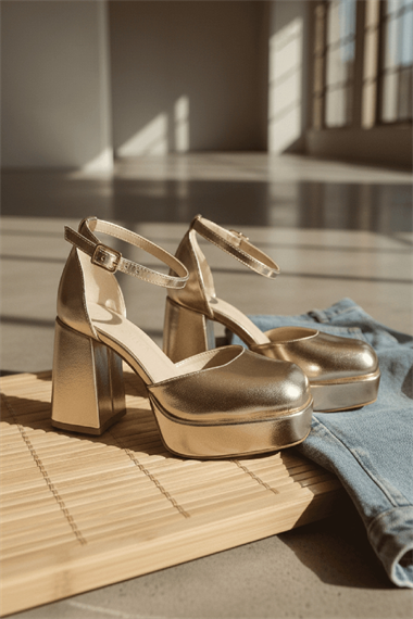 Serra Gold Platform ( 9 Cm Topuklu ) Günlük Topuklu Ayakkabı