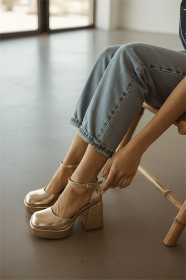 Serra Gold Platform ( 9 Cm Topuklu ) Günlük Topuklu Ayakkabı