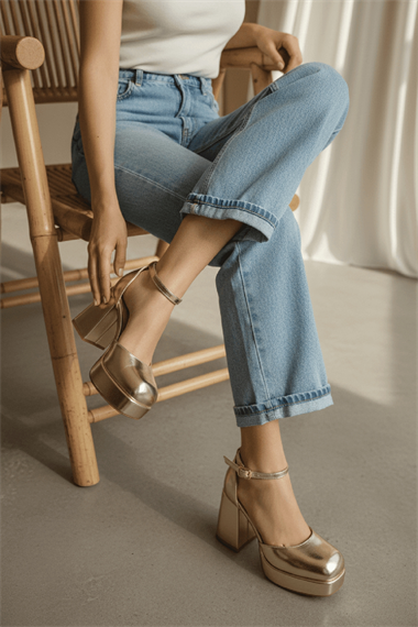 Serra Gold Platform ( 9 Cm Topuklu ) Günlük Topuklu Ayakkabı