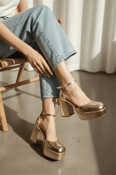 Serra Gold Platform ( 9 Cm Topuklu ) Günlük Topuklu Ayakkabı