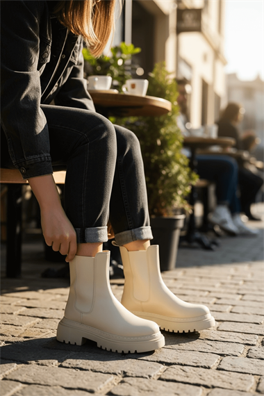 Spice Bej Cilt Yandan Lastikli Kalın Taban Günlük Bot