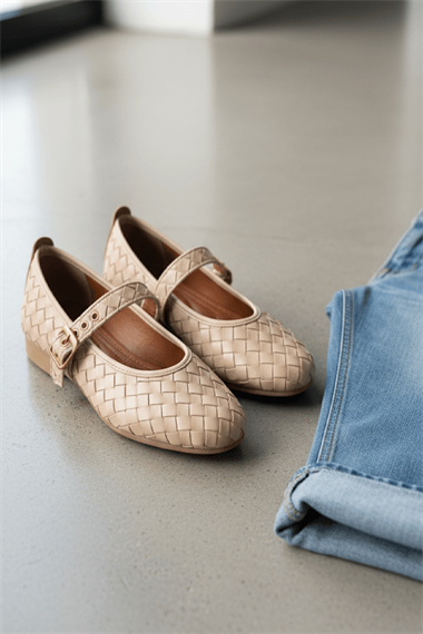 Stap Bej Örgülü ( 2 cm) Oval Burunlu Günlük Kullanım Babet