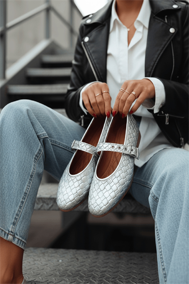 Stap Örgülü Gümüş ( 2 cm) Oval Burunlu Günlük Kullanım Babet