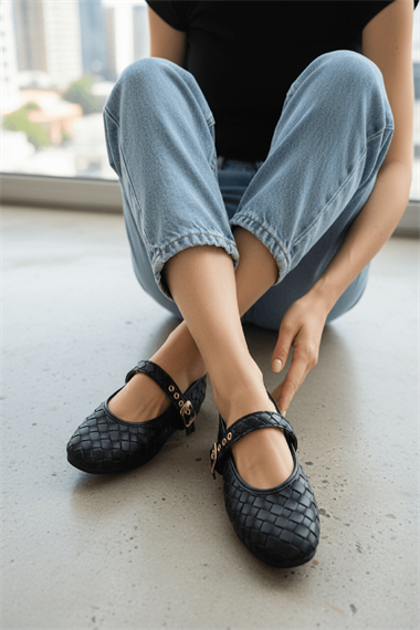 Stap Örgülü Siyah ( 2 cm) Oval Burunlu Günlük Kullanım Babet