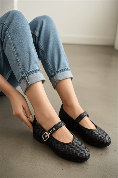 Stap Örgülü Siyah ( 2 cm) Oval Burunlu Günlük Kullanım Babet