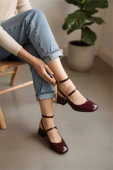 Tinya Bordo Rugan Küt Burun Topuklu Günlük Ayakkabı