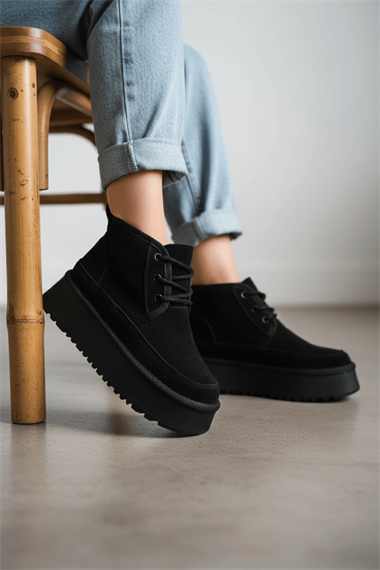 Ugy Siyah (4.5 CM) İçi Kürklü Bağcıklı Günlük Kullanım Bot