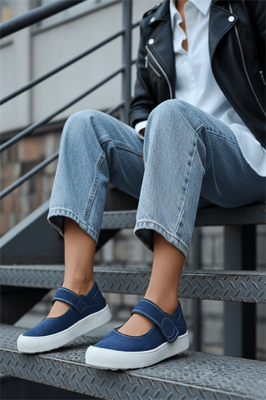 Varius Lacivert Süet ( 3 cm Topuklu ) Yuvarlak Burunlu  Detaylı Loafer Ayakkabı