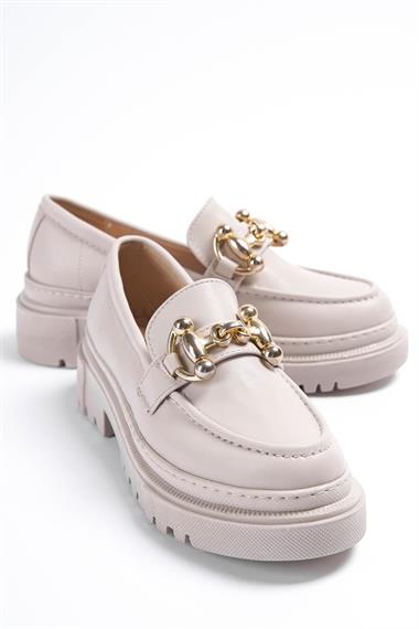 Verona Bej Gold Tokalı Deri Günlük Kullanım Loafer Kadın Ayakkabı