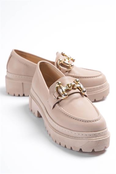 Verona Nude Gold Tokalı Deri Günlük Kullanım Loafer Kadın Ayakkabı