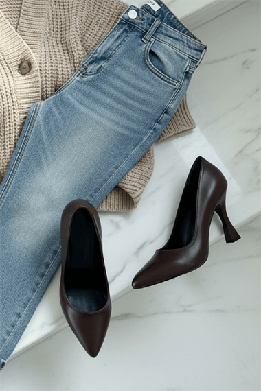 Vest Kahverengi (8 cm) Topuk  Boyu Günlük Kullanım Stiletto