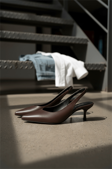 Vintage Acı Kahve Kadın ( 3 cm Topuklu ) Sivri Burunlu Kısa Kitten Topuklu Ayakkabı